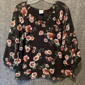 CAbi Garden Blouse Womens Small Black Pink Floral Semi Sheer Boho Flowy Top 3595